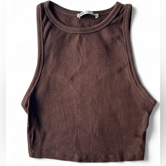 Zara Womens Brown Ribbed Sleeveless Summer Girlie Beachy Crop Tank Top Medium - Picture 1 of 5